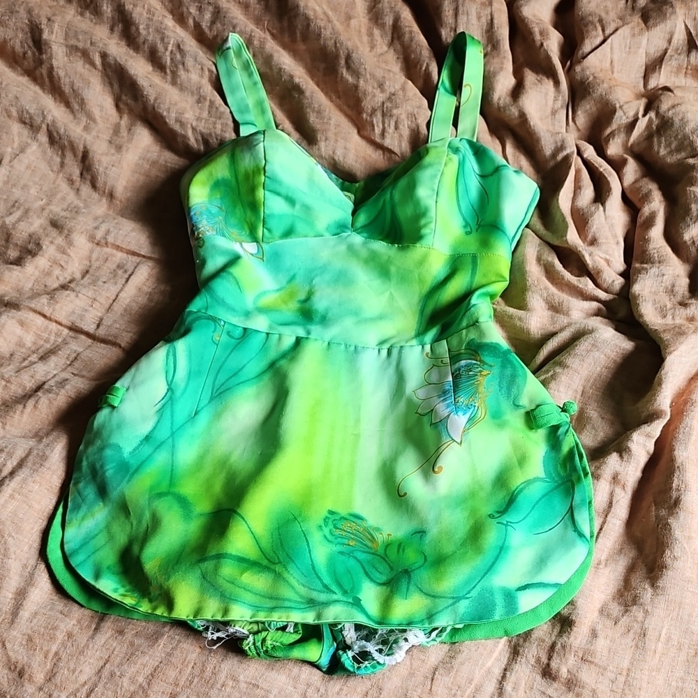 Vintage 1960's Label PARADISE HAWAII Honolulu Green Tropical Sun Suit Small